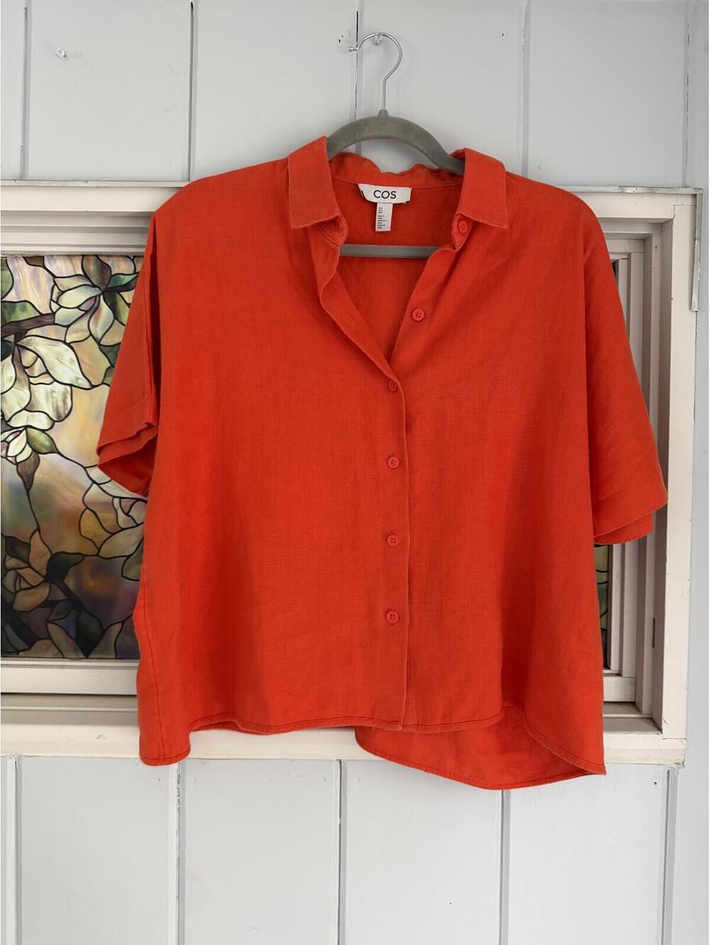 COS Orange Linen Button-Up Short Sleeve Shirt Size US 6